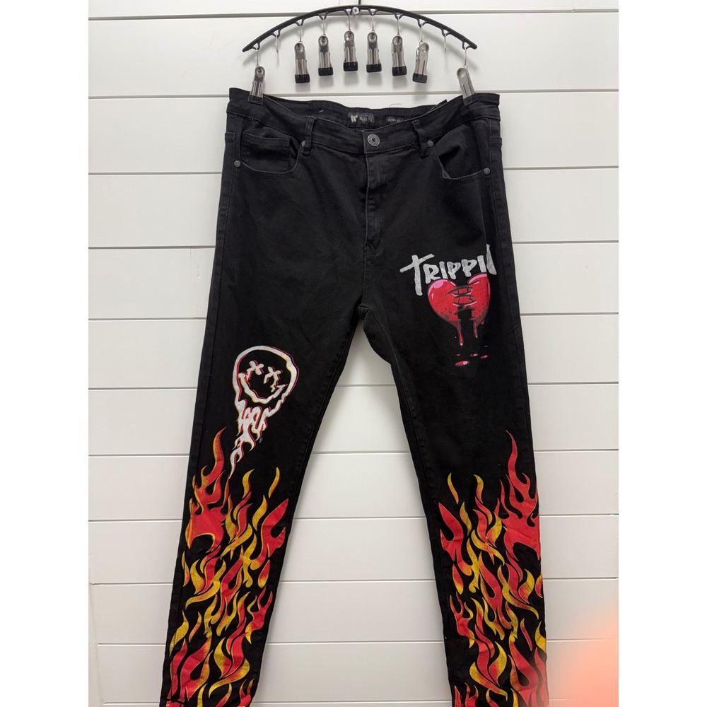 Waimea Mens Black Skinny Jeans Flame Graphic Trippy Heart Smiley 36x32
